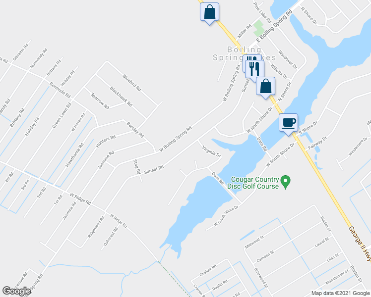 map of restaurants, bars, coffee shops, grocery stores, and more near Sunset Road in Southport