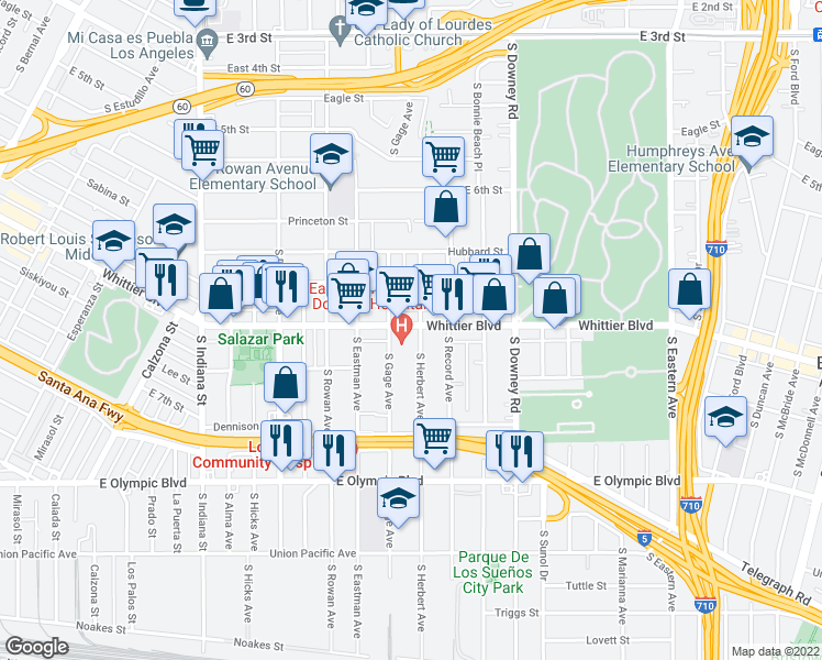 map of restaurants, bars, coffee shops, grocery stores, and more near 4060 Whittier Boulevard in Los Angeles