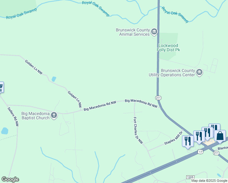 map of restaurants, bars, coffee shops, grocery stores, and more near 170 Big Macedonia Road Northwest in Supply