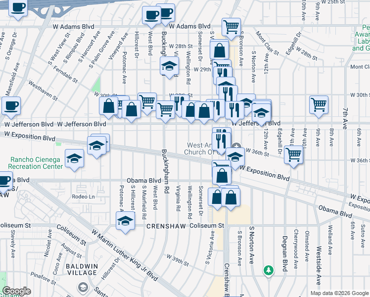 map of restaurants, bars, coffee shops, grocery stores, and more near 3506 Wellington Road in Los Angeles