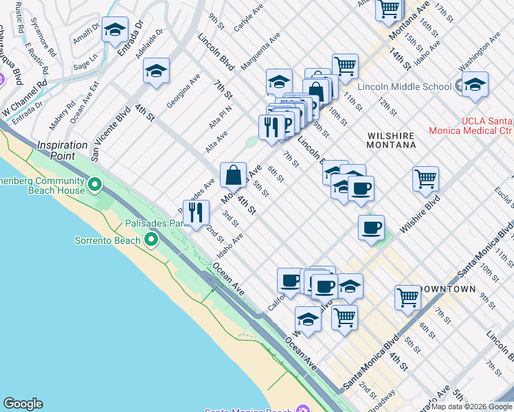 map of restaurants, bars, coffee shops, grocery stores, and more near 830 5th Street in Santa Monica