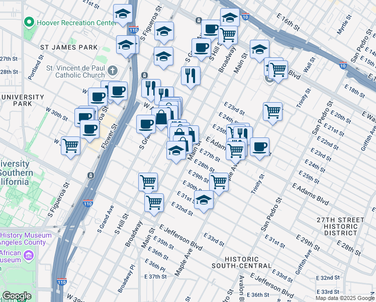 map of restaurants, bars, coffee shops, grocery stores, and more near 2671 South Broadway in Los Angeles