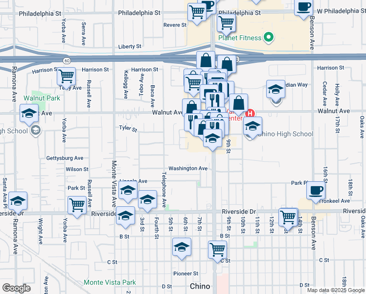 map of restaurants, bars, coffee shops, grocery stores, and more near 12635 Franklin Court in Chino