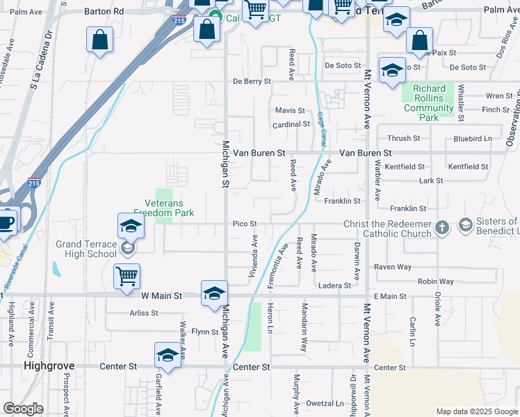 map of restaurants, bars, coffee shops, grocery stores, and more near 12661 Thomas Court in Grand Terrace