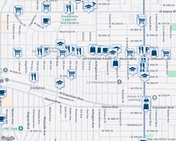 map of restaurants, bars, coffee shops, grocery stores, and more near 2nd Avenue in Los Angeles