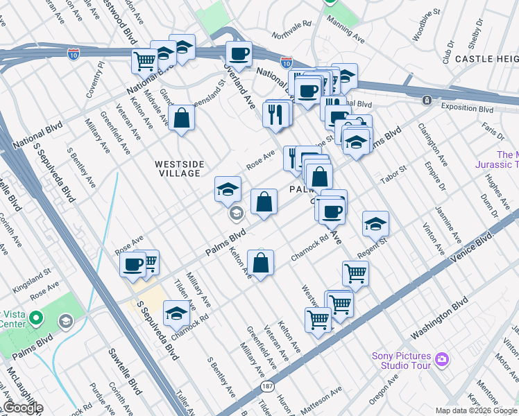 map of restaurants, bars, coffee shops, grocery stores, and more near 10808 Lawler Street in Los Angeles