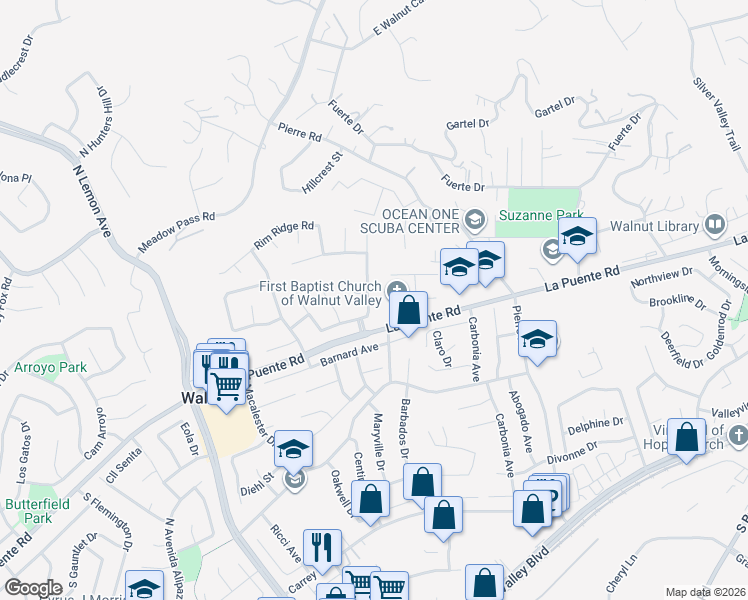 map of restaurants, bars, coffee shops, grocery stores, and more near 646 Lone Eagle Road in Walnut