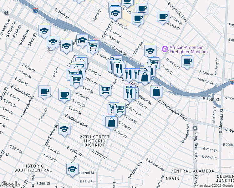 map of restaurants, bars, coffee shops, grocery stores, and more near 1114 East 20th Street in Los Angeles