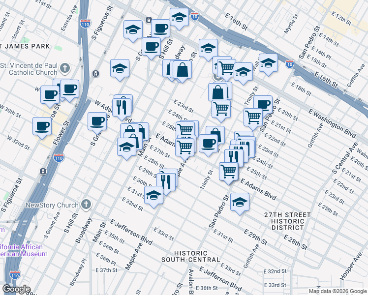 map of restaurants, bars, coffee shops, grocery stores, and more near 230 East 25th Street in Los Angeles