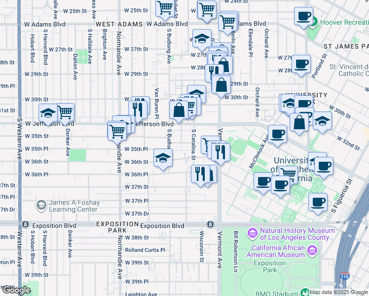 map of restaurants, bars, coffee shops, grocery stores, and more near 3430 Walton Avenue in Los Angeles