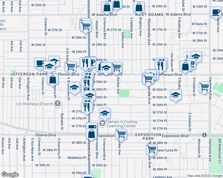 map of restaurants, bars, coffee shops, grocery stores, and more near 1558 West 35th Street in Los Angeles