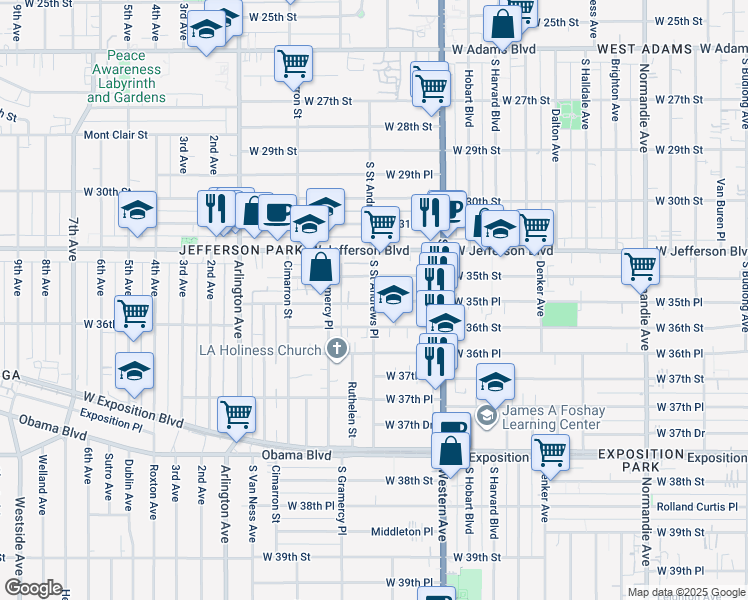 map of restaurants, bars, coffee shops, grocery stores, and more near 1814 West 35th Street in Los Angeles