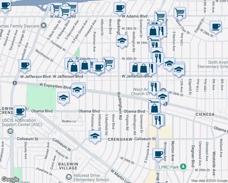 map of restaurants, bars, coffee shops, grocery stores, and more near 3433 Buckingham Road in Los Angeles