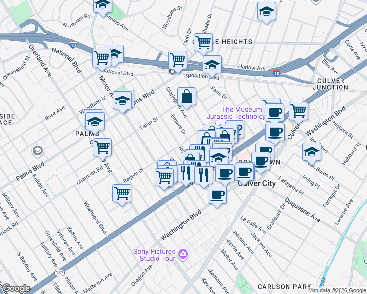 map of restaurants, bars, coffee shops, grocery stores, and more near 10110 Regent Street in Los Angeles