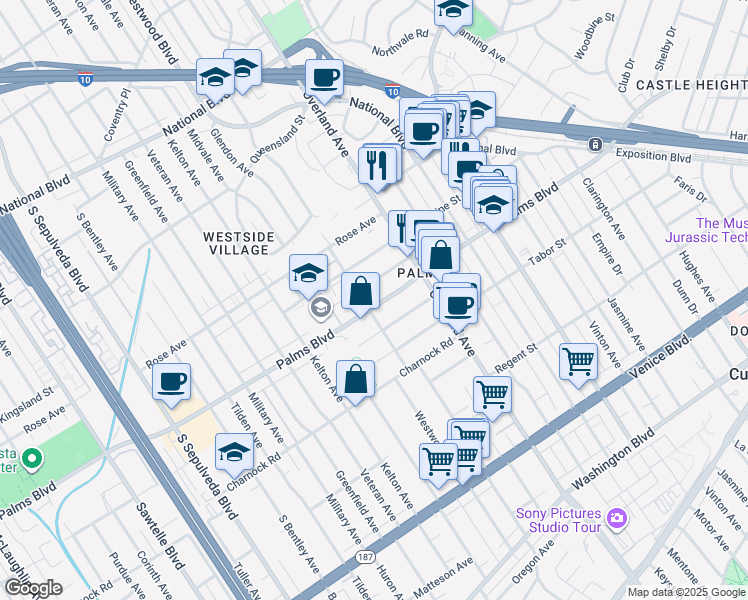 map of restaurants, bars, coffee shops, grocery stores, and more near 10740 Lawler Street in Los Angeles