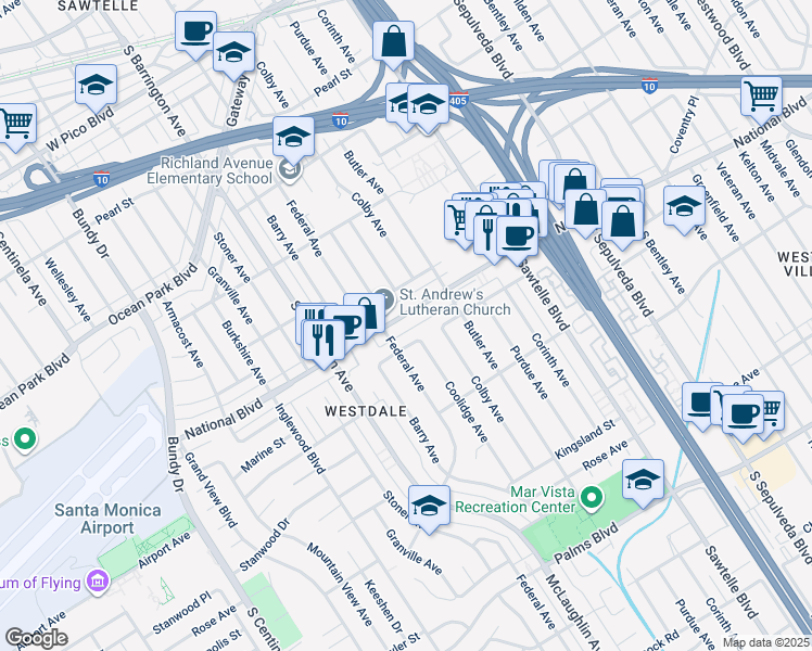 map of restaurants, bars, coffee shops, grocery stores, and more near 11507 National Boulevard in Los Angeles