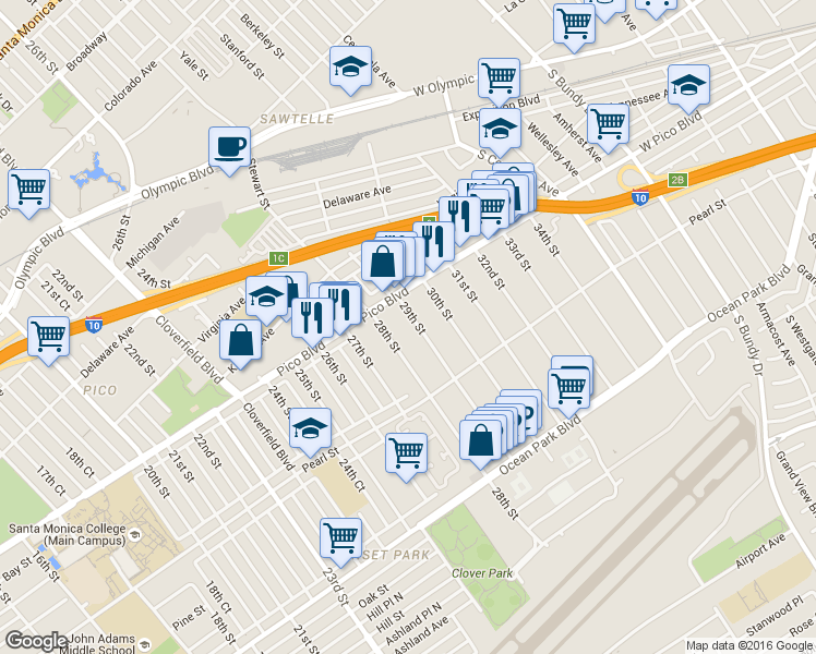 map of restaurants, bars, coffee shops, grocery stores, and more near 2830 Pico Boulevard in Santa Monica