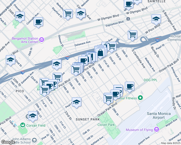 map of restaurants, bars, coffee shops, grocery stores, and more near 2830 Pico Boulevard in Santa Monica