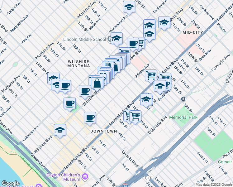 map of restaurants, bars, coffee shops, grocery stores, and more near 1243 12th Street in Santa Monica