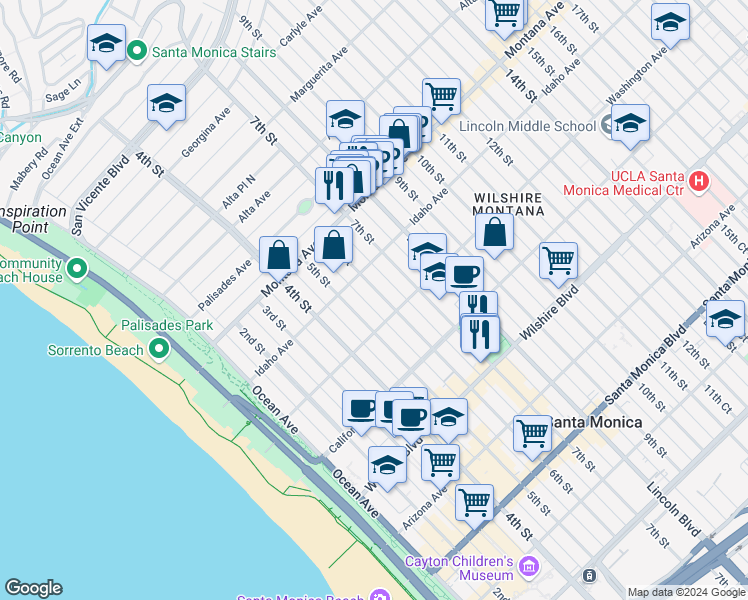map of restaurants, bars, coffee shops, grocery stores, and more near 928 6th Court in Santa Monica