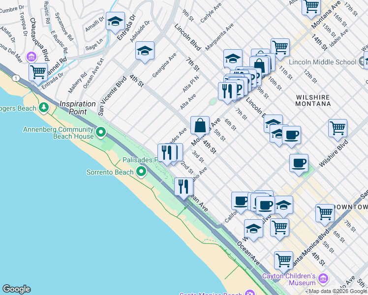 map of restaurants, bars, coffee shops, grocery stores, and more near 308 Palisades Avenue in Santa Monica