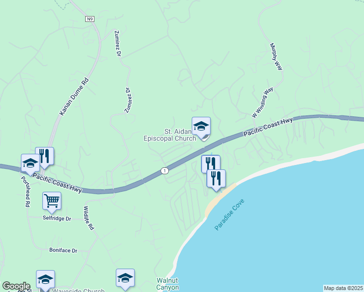 map of restaurants, bars, coffee shops, grocery stores, and more near 28169 Rey De Copas Lane in Malibu
