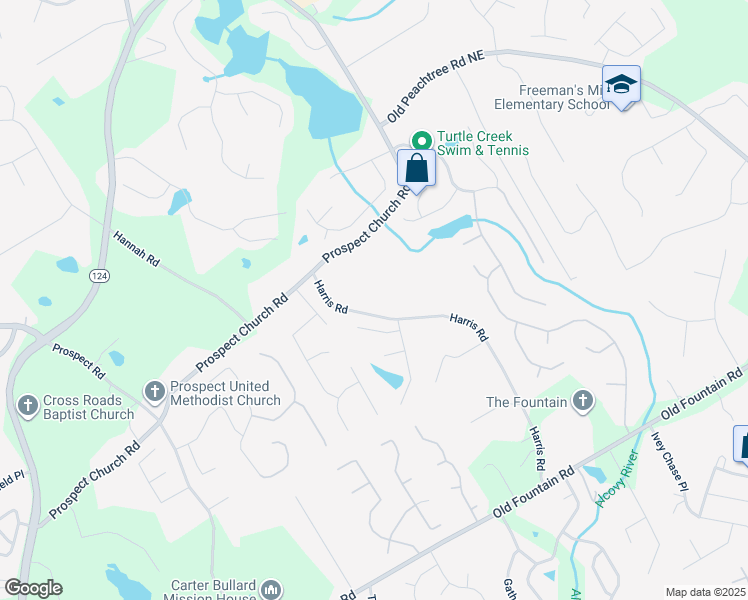 map of restaurants, bars, coffee shops, grocery stores, and more near 1459 Harris Road in Lawrenceville