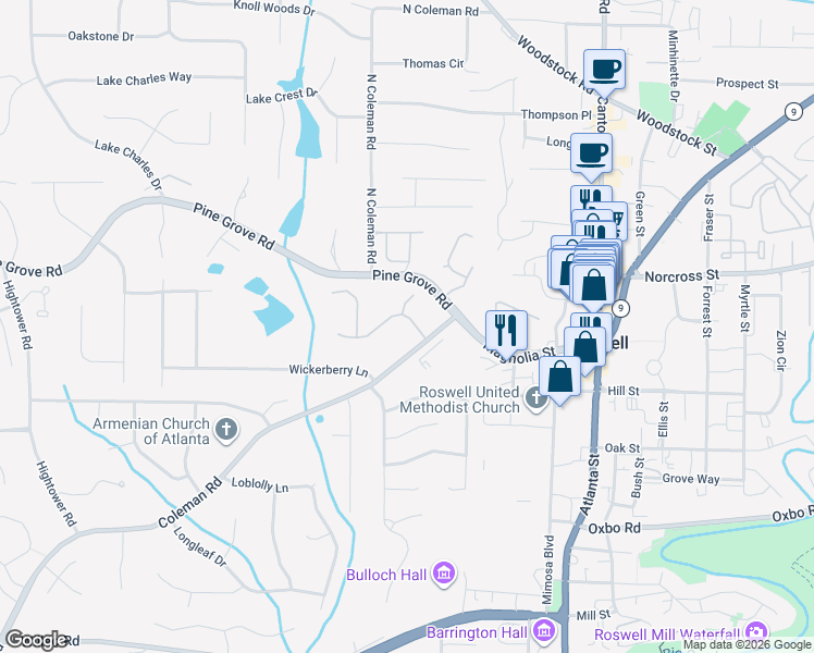 map of restaurants, bars, coffee shops, grocery stores, and more near 5025 Magnolia Walk in Roswell