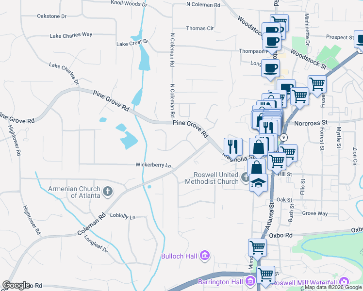 map of restaurants, bars, coffee shops, grocery stores, and more near 5045 Magnolia Walk in Roswell
