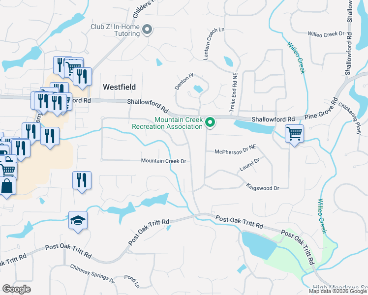 map of restaurants, bars, coffee shops, grocery stores, and more near 3072 McPherson Road Northeast in Roswell