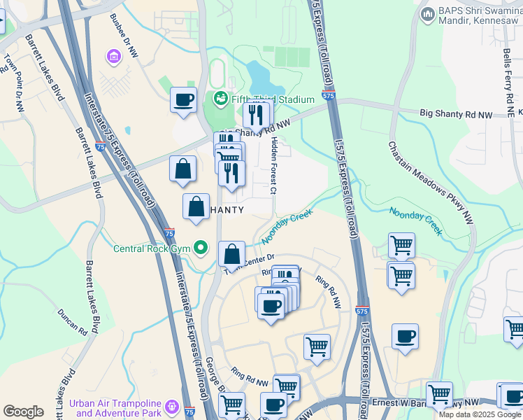 map of restaurants, bars, coffee shops, grocery stores, and more near 2979 Hidden Forest Court in Marietta