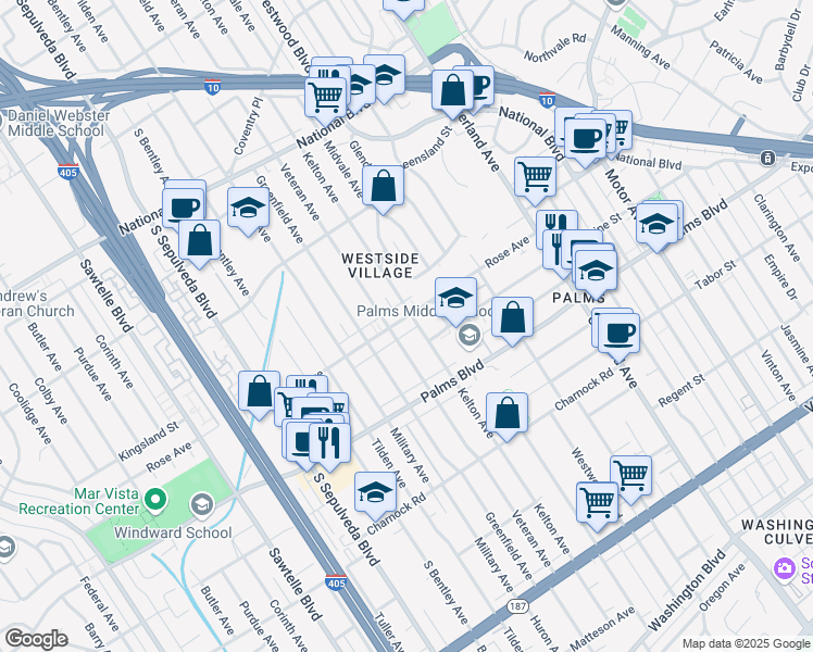 map of restaurants, bars, coffee shops, grocery stores, and more near 10908 Rose Avenue in Los Angeles