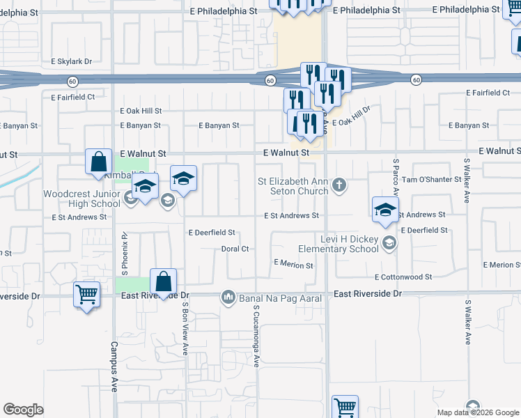 map of restaurants, bars, coffee shops, grocery stores, and more near 2714 South Cucamonga Avenue in Ontario