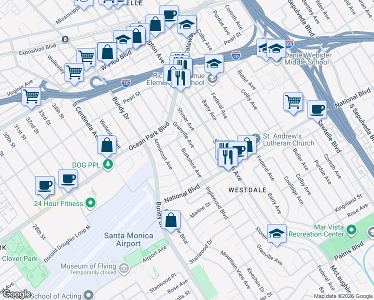 map of restaurants, bars, coffee shops, grocery stores, and more near 2740 Burkshire Avenue in Los Angeles