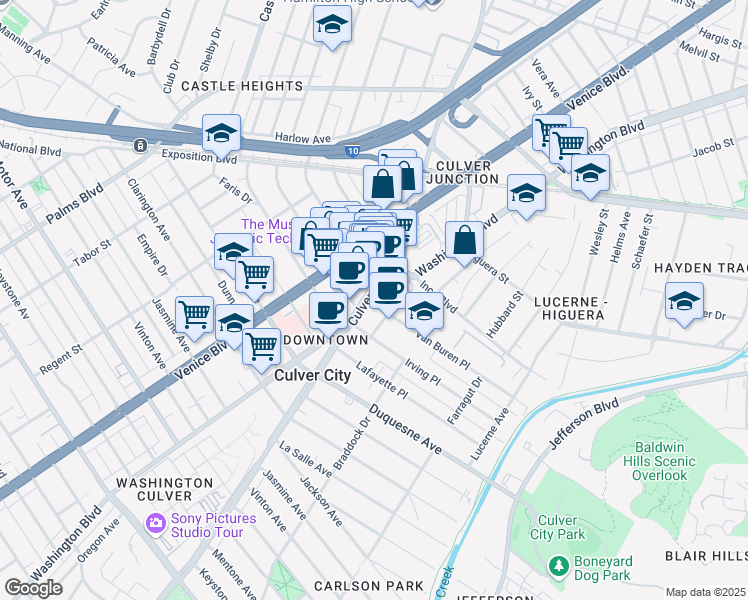 map of restaurants, bars, coffee shops, grocery stores, and more near 9400 Culver Boulevard in Culver City