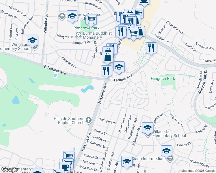 map of restaurants, bars, coffee shops, grocery stores, and more near 350 North Azusa Avenue in City of Industry