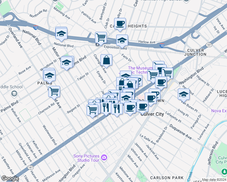 map of restaurants, bars, coffee shops, grocery stores, and more near 3729 Clarington Avenue in Los Angeles