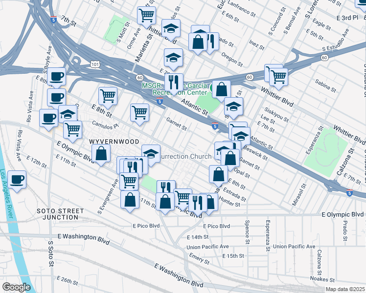 map of restaurants, bars, coffee shops, grocery stores, and more near 1143 South Grande Vista Avenue in Los Angeles