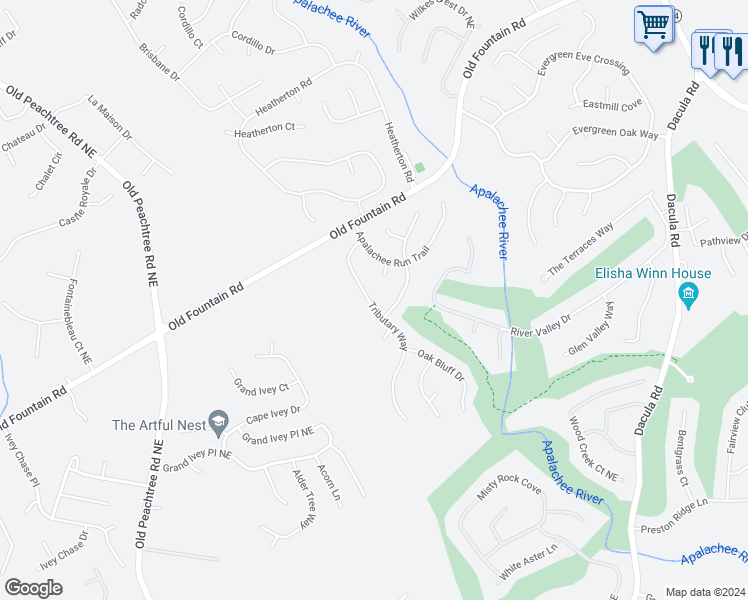 map of restaurants, bars, coffee shops, grocery stores, and more near 1105 Tributary Way in Dacula