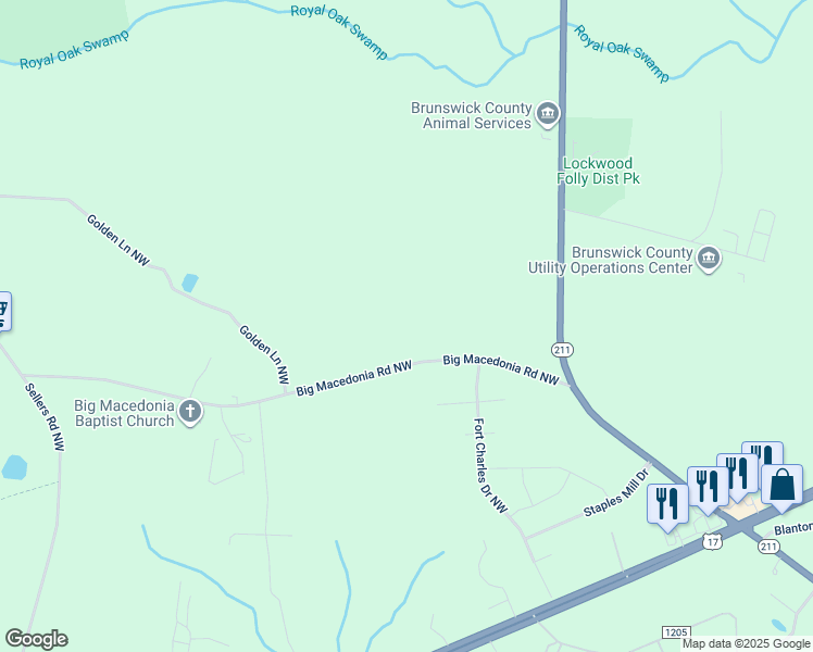 map of restaurants, bars, coffee shops, grocery stores, and more near 170 Big Macedonia Road Northwest in Brunswick County