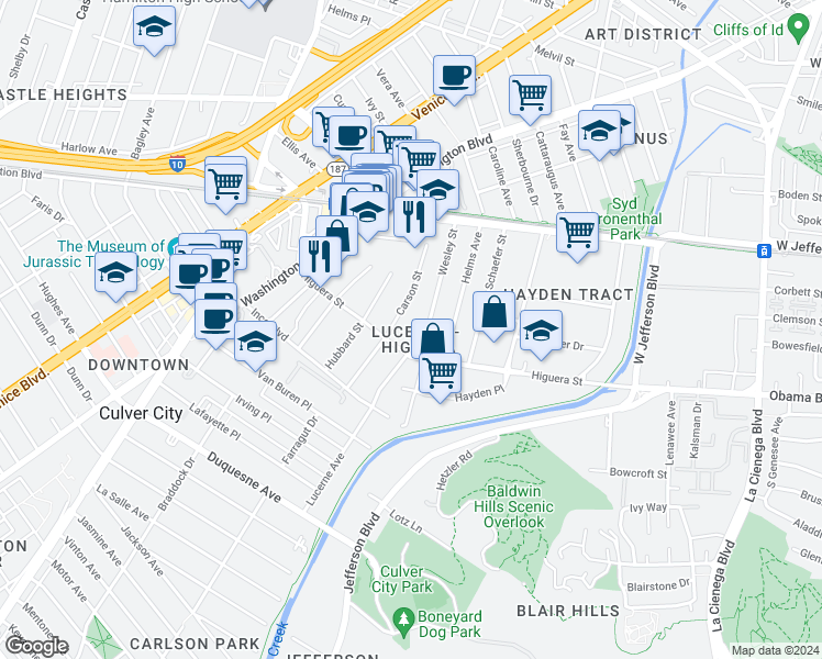 map of restaurants, bars, coffee shops, grocery stores, and more near 4194 Higuera Street in Culver City