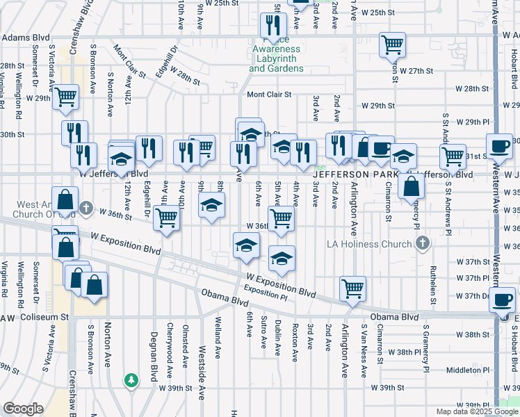 map of restaurants, bars, coffee shops, grocery stores, and more near 3507 6th Avenue in Los Angeles