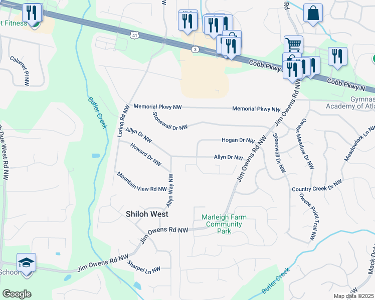 map of restaurants, bars, coffee shops, grocery stores, and more near 3732 Allyn Drive Northwest in Kennesaw