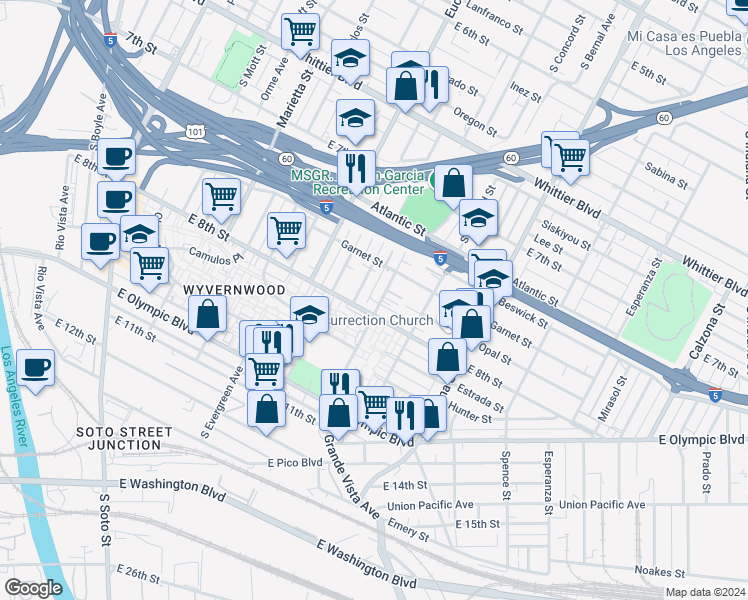 map of restaurants, bars, coffee shops, grocery stores, and more near 1143 South Grande Vista Avenue in Los Angeles