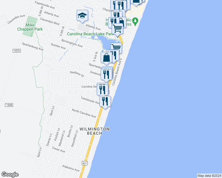 map of restaurants, bars, coffee shops, grocery stores, and more near 1101 Lake Park Boulevard South in Carolina Beach