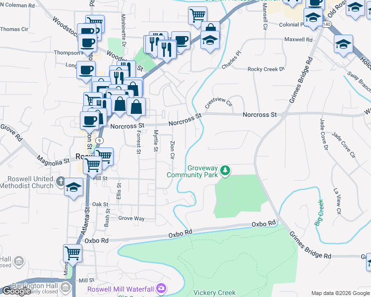 map of restaurants, bars, coffee shops, grocery stores, and more near 113 Millbrook Circle in Roswell