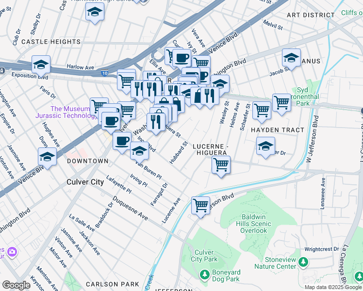 map of restaurants, bars, coffee shops, grocery stores, and more near 9015 Hubbard Street in Culver City