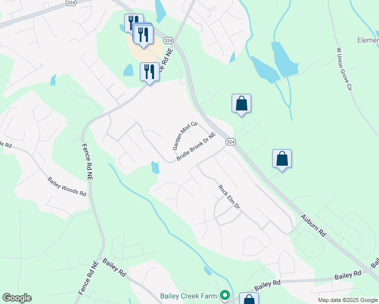map of restaurants, bars, coffee shops, grocery stores, and more near 3495 Bridle Brook Drive Northeast in Auburn