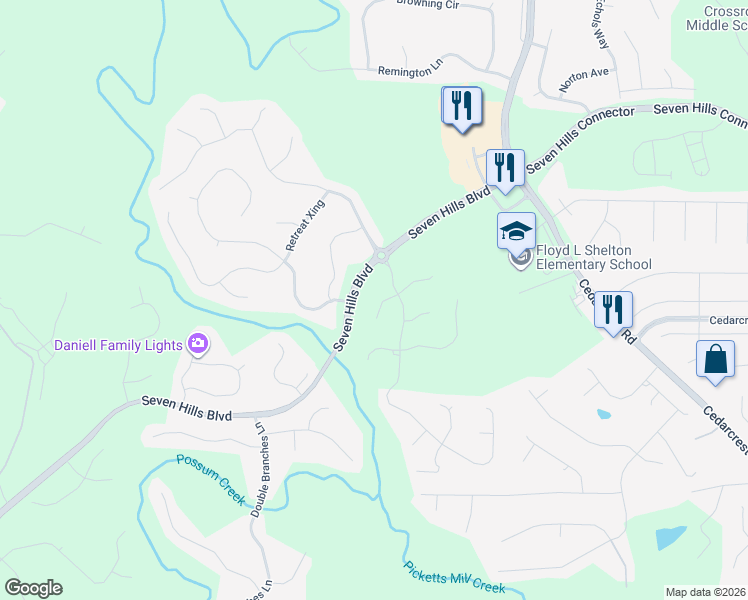 map of restaurants, bars, coffee shops, grocery stores, and more near 573 Seven Hills Boulevard in Dallas