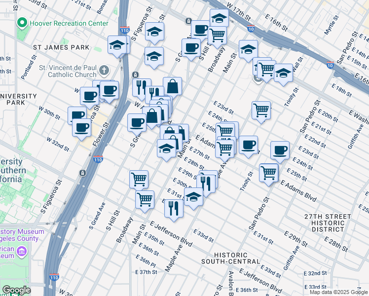 map of restaurants, bars, coffee shops, grocery stores, and more near 2 West 27th Street in Los Angeles